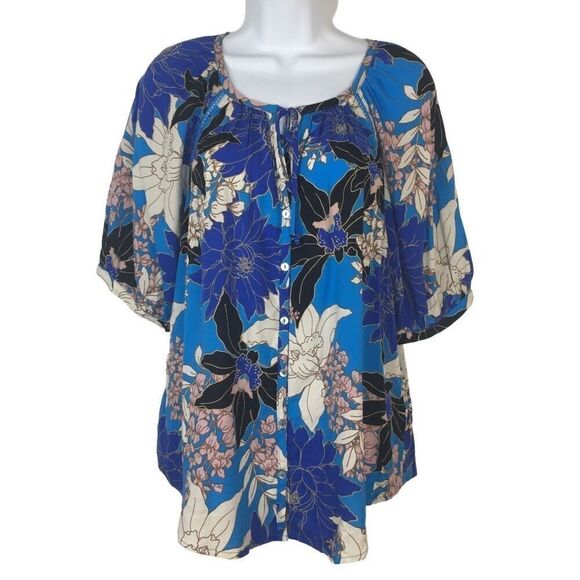 Lovestitch Blouse Womens Size Large Blue Button Down Floral Print #o - Picture 1 of 6